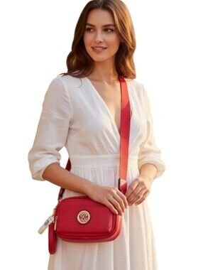 Christian Lacroix Red Pebble Camera Bag Detachable Mini Zip Pouch NWT